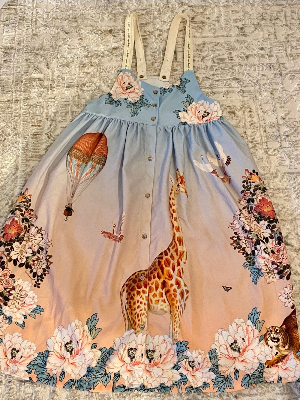 Agua Bendita Girls Blue-Pink Safari Print Sundress with Floral Trim